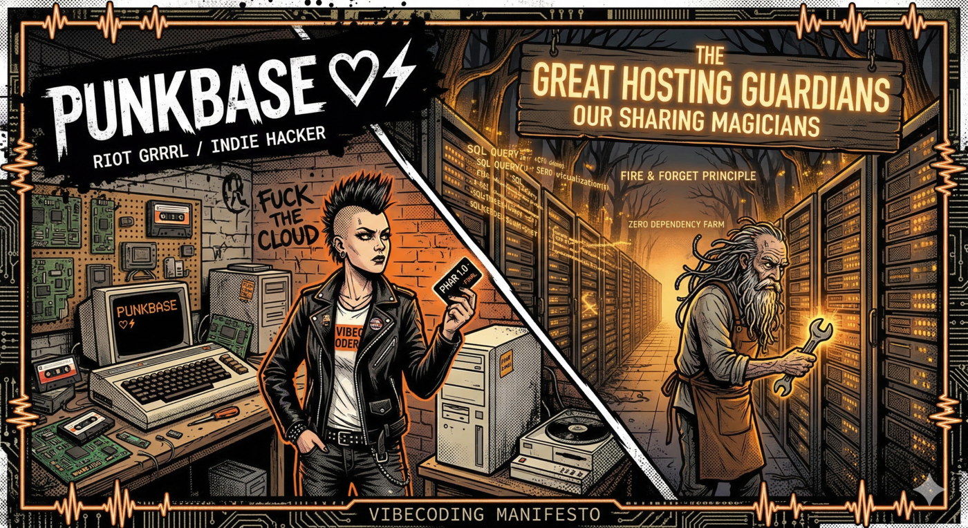 Comic-style illustration: punk girl with mohawk holding a Vibecoder card next to a retro computer, and a hosting guardian with a wrench in a server room